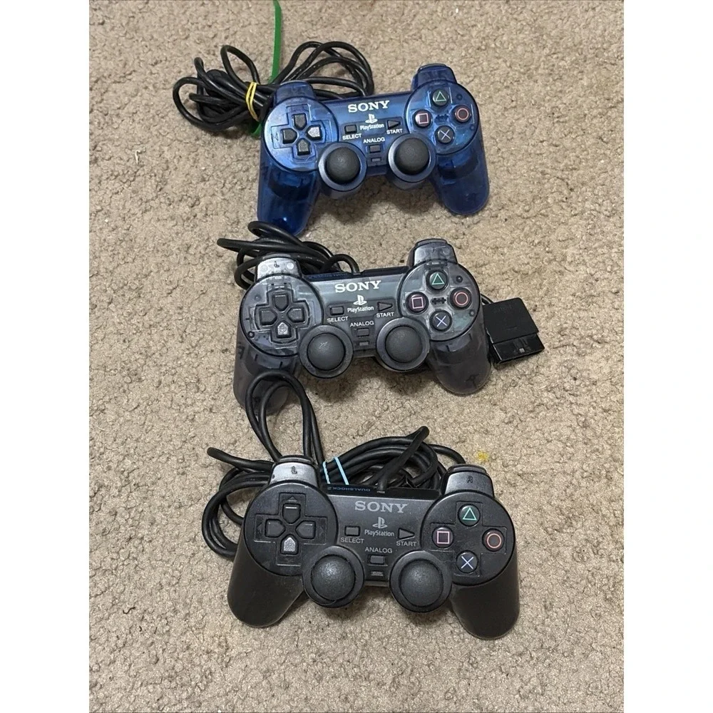 Lot Of 3 Sony Ps2 Controllers Clear Smoke Transparent Blue And Original Black